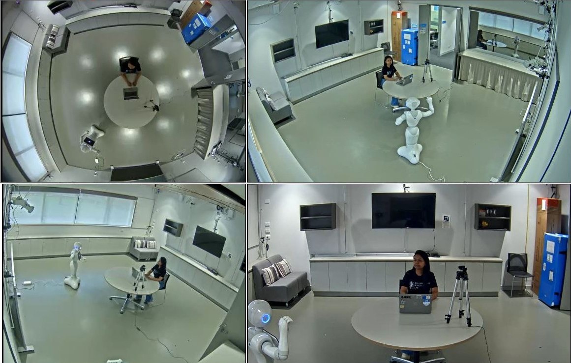 Four camera views of the experimental room showing a participant seated facing the Pepper robot, from an overhead fisheye view, two side angles and a close-up view.
